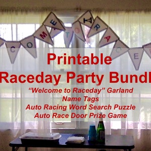 Printable Raceday Party Bundle with Welcome Garland, Race-Themed Name Tags, Auto Racing Word Search Puzzle, and Auto Race Door Prize Game