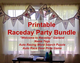 Printable Raceday Party Bundle with Welcome Garland, Race-Themed Name Tags, Auto Racing Word Search Puzzle, and Auto Race Door Prize Game