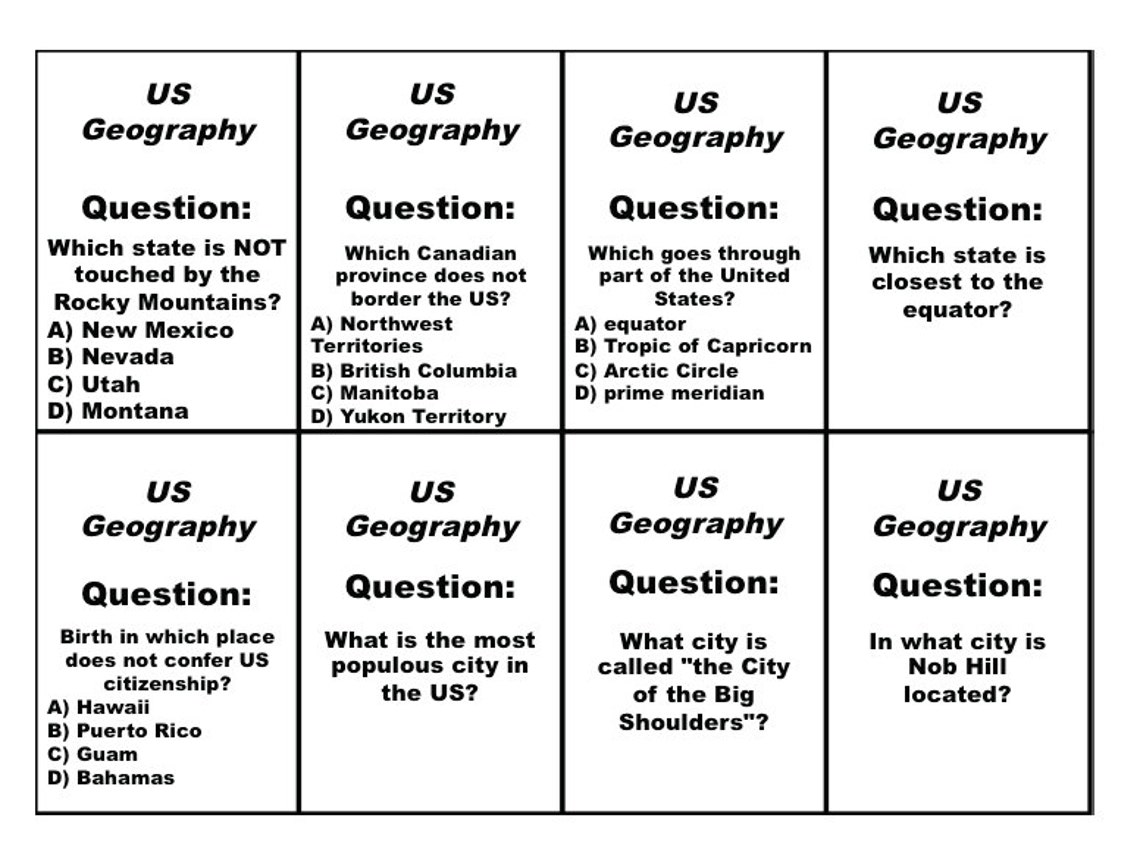 Printable US Geography Trivia Cards, Refill Set for Run the Gauntlet