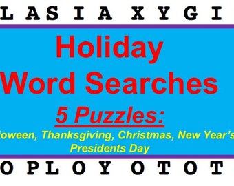 Printable Holiday Word Search Puzzles for Halloween, Thanksgiving, Christmas, New Year's, and Presidents Day