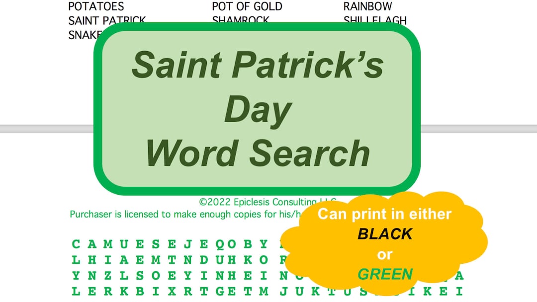 St. Patrick's Day Printable Word Search Puzzle in Black and Green With ...