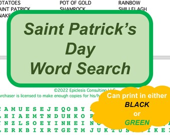 St. Patrick's Day Printable Word Search Puzzle in Black and Green with Answer Key