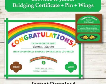 Certificados de Transição de Brownie para Junior: Cerimônia Escoteira - Imprimível (Download Digital) - Editável - Espaço para Distintivos, Pins e Asas