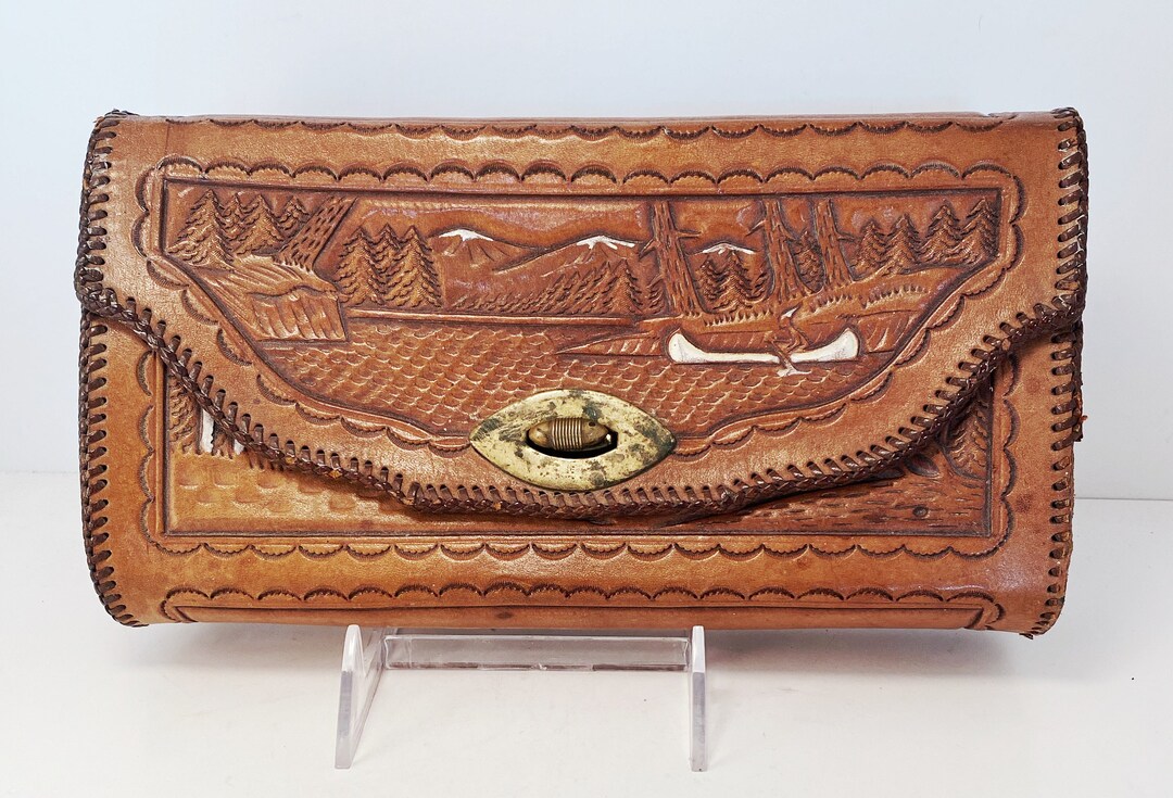 Vintage 70s Cowhide/Leather Brass Clutch & Shoulder Handbag