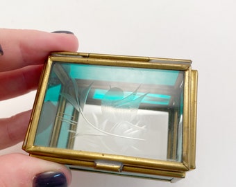 1930s Antique jewelry box glass top with picture,wood and glass framework,mirror in the top with glass inside bottom