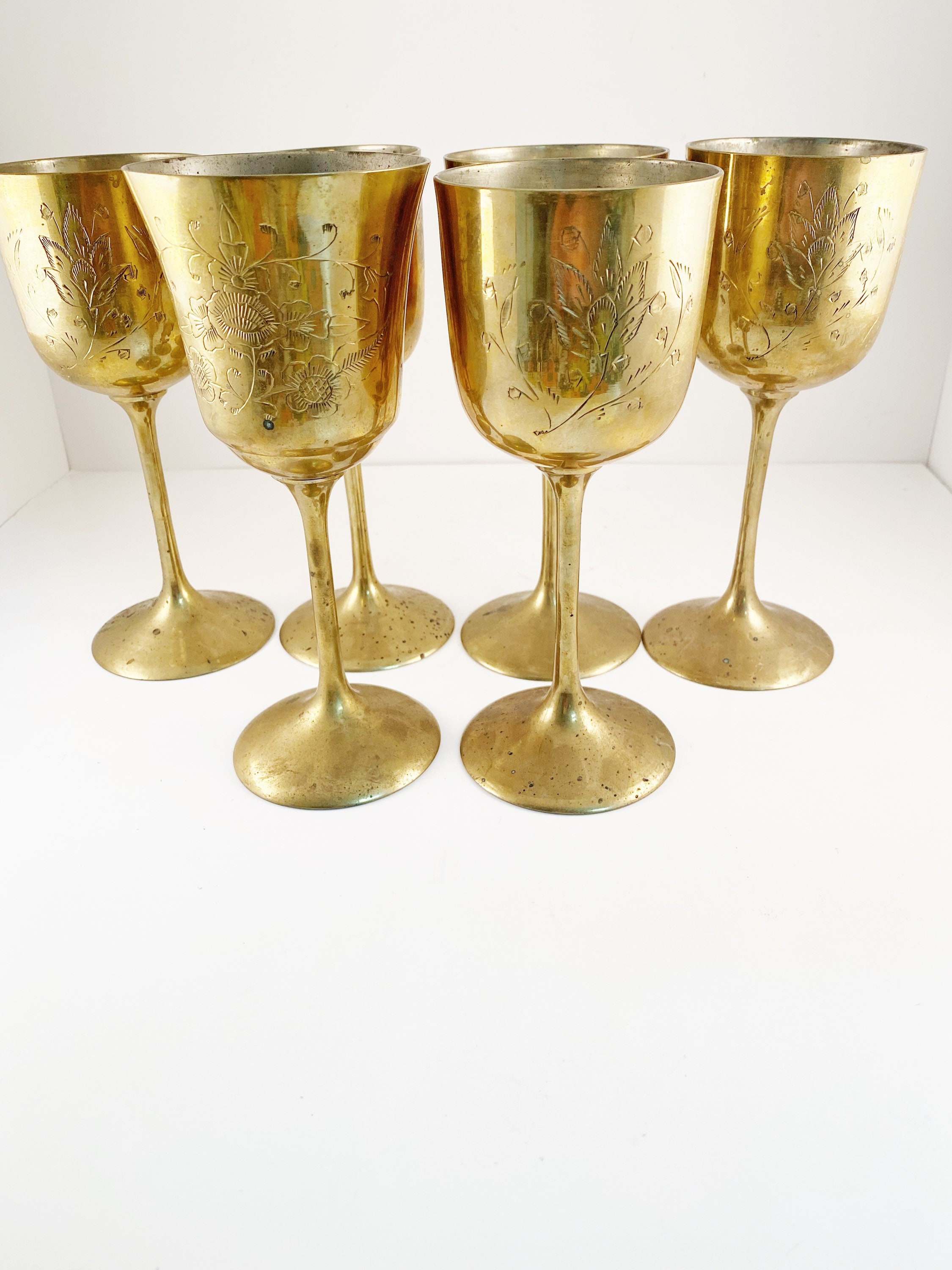 Vintage Engraved Brass Set of 4 Wine Cups and 9 Engraved Brass