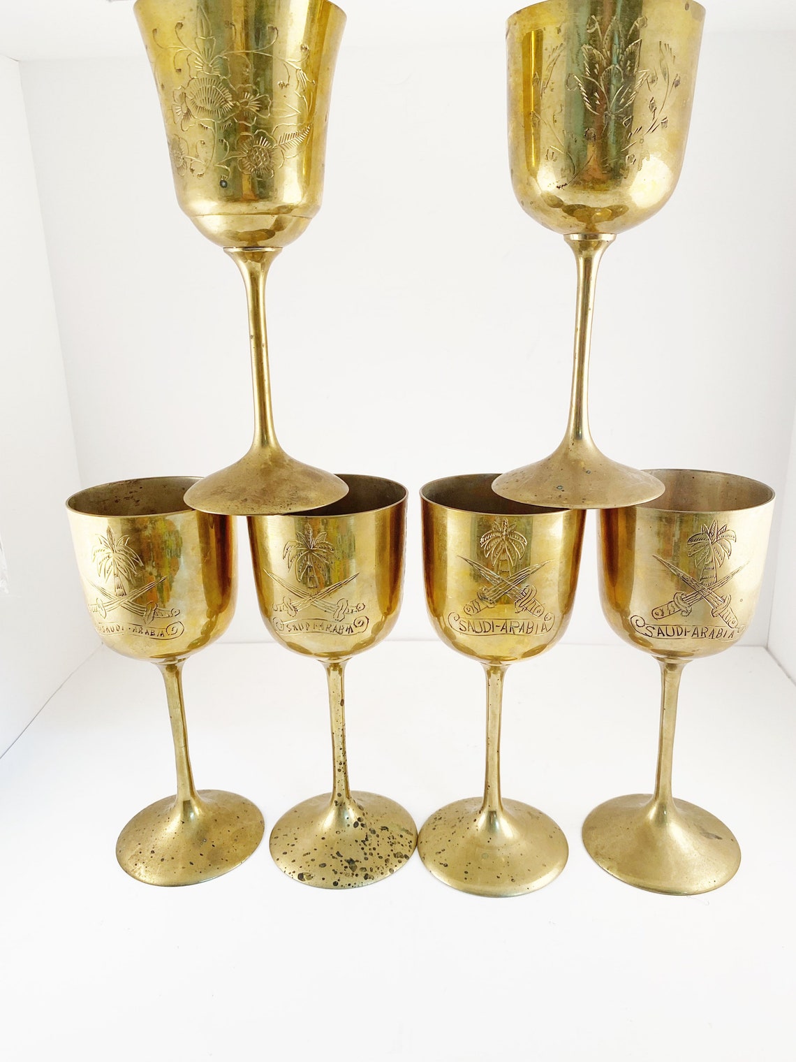 Set of six vintage Saudi Arabian etched brass wine glasses/ Etsy