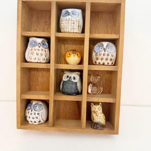 May include: A wooden display shelf with twelve square compartments containing eight small owl figurines. The collection includes ceramic owls with blue, brown, and grey details, a smooth yellow and brown owl, and one clear glass owl figurine.