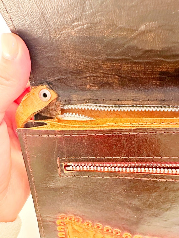 Vintage handmade tooled leather clutch purse made… - image 8