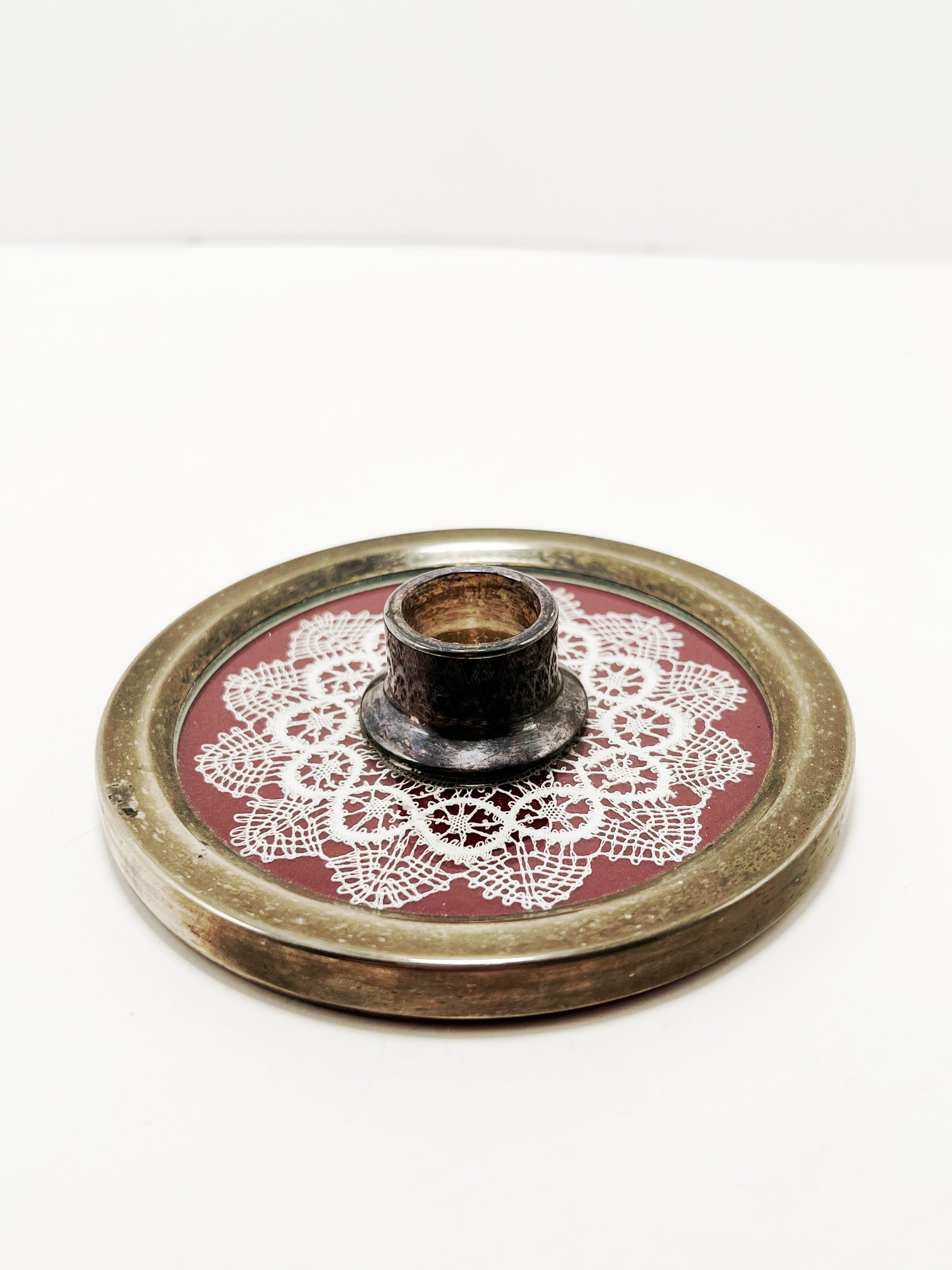 Vintage Silverplate Candlestick Holder With Inset White Handmade Lace
