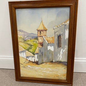 Original vintage 1964 framed, signed watercolor of an Italian countryside village