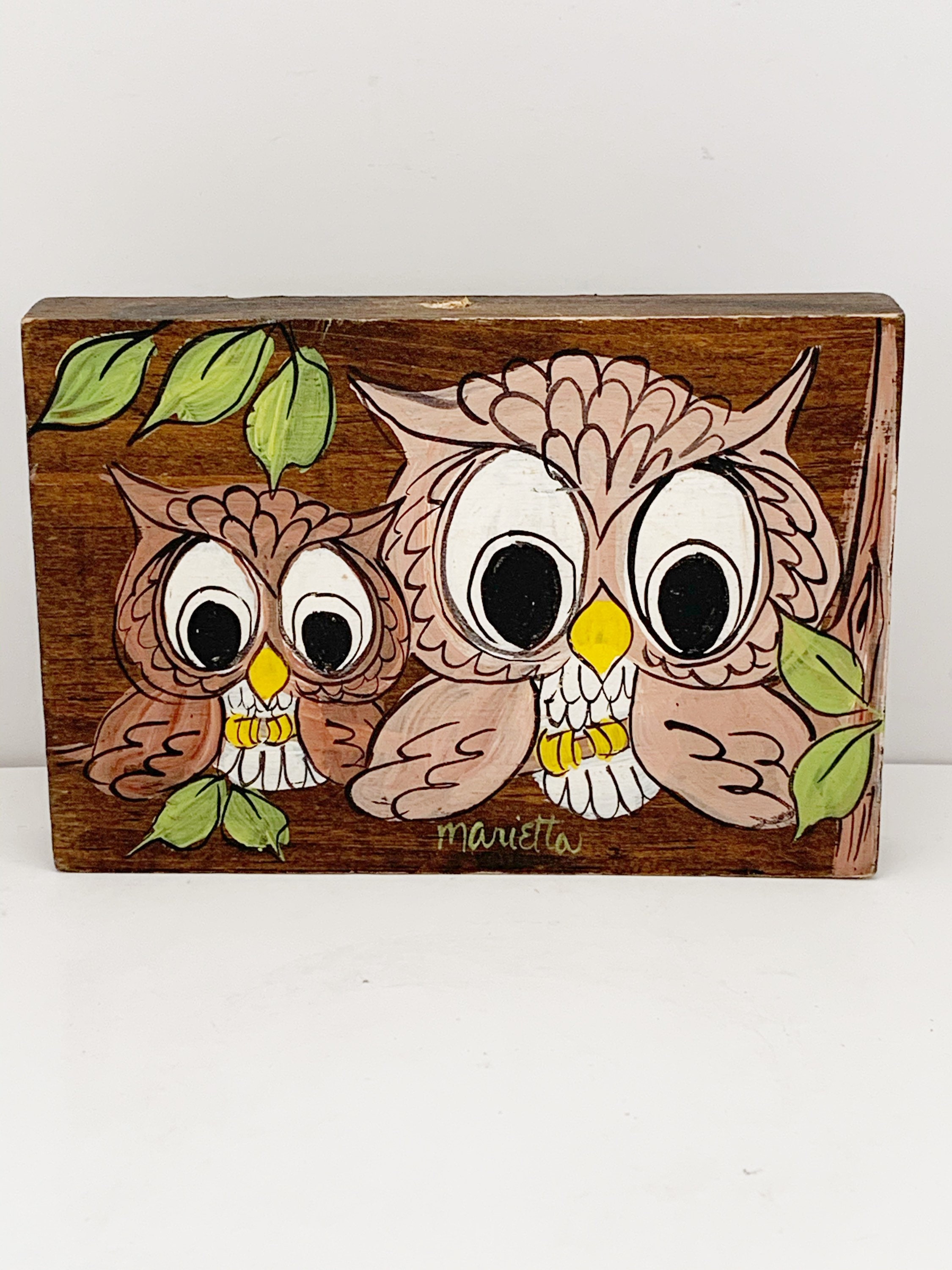 Vintage 1970s hand painted owls on a wooden plaque