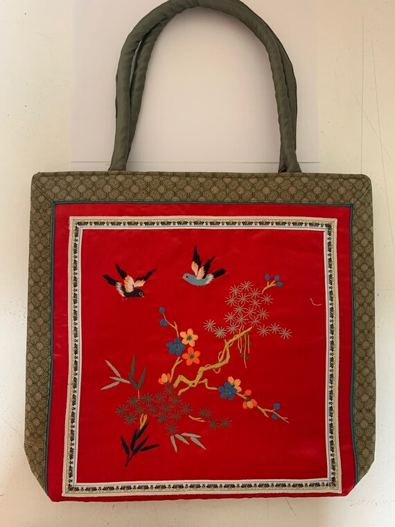 Embroidered tote bag with birds and butterflies