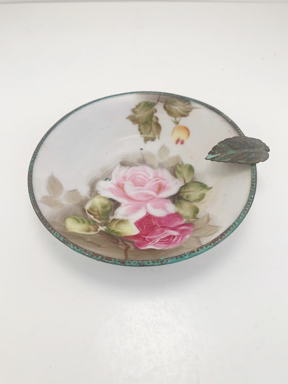 Vintage 1950s hand-painted porcelain dish with ros