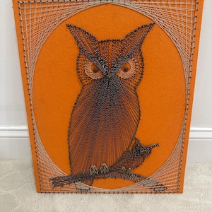 May include: Orange felt string art of an owl. The owl is brown and black, perched on a branch. The background is a circle of orange felt, framed by a square border of string.