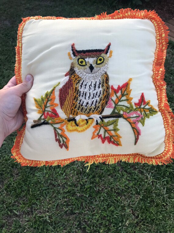 Vintage Embroidered Decorative Owl Pillow Owl Pillow Etsy