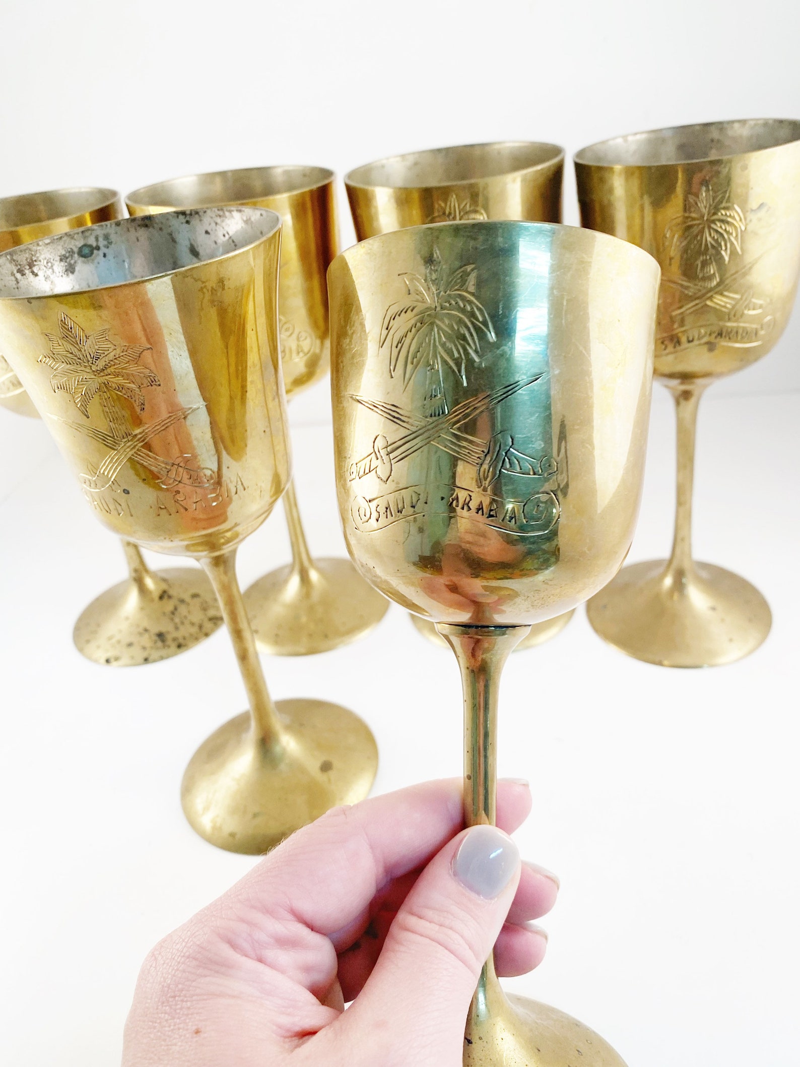 Set of six vintage Saudi Arabian etched brass wine glasses/ Etsy