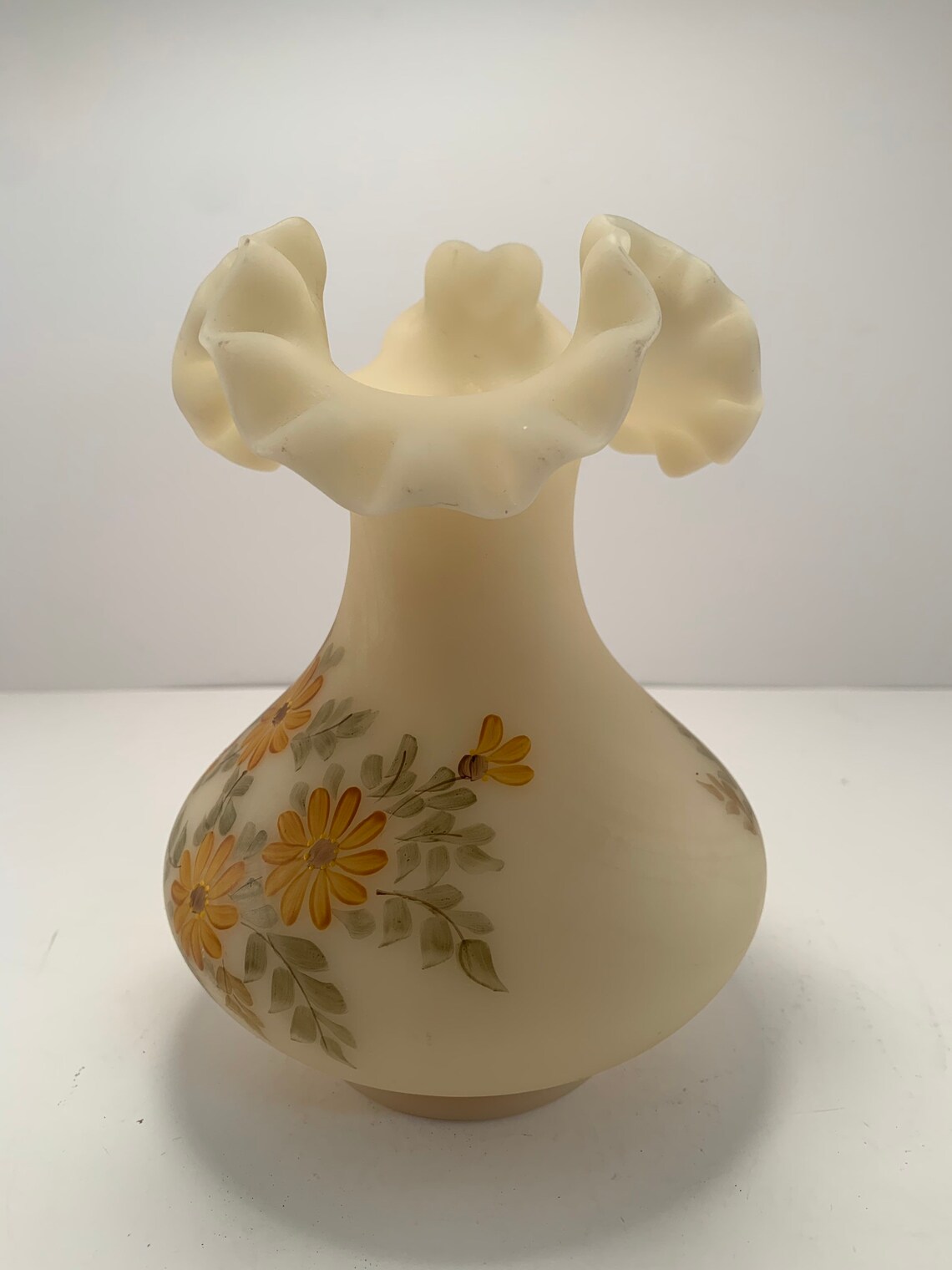 Vintage Fenton Burmese custard glass vase ruffle wave top Etsy