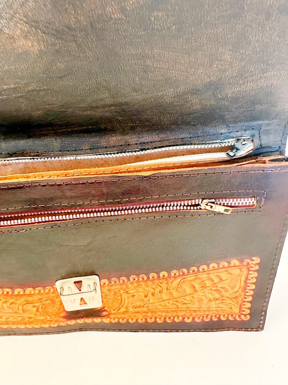 Vintage handmade tooled leather clutch purse made… - image 7