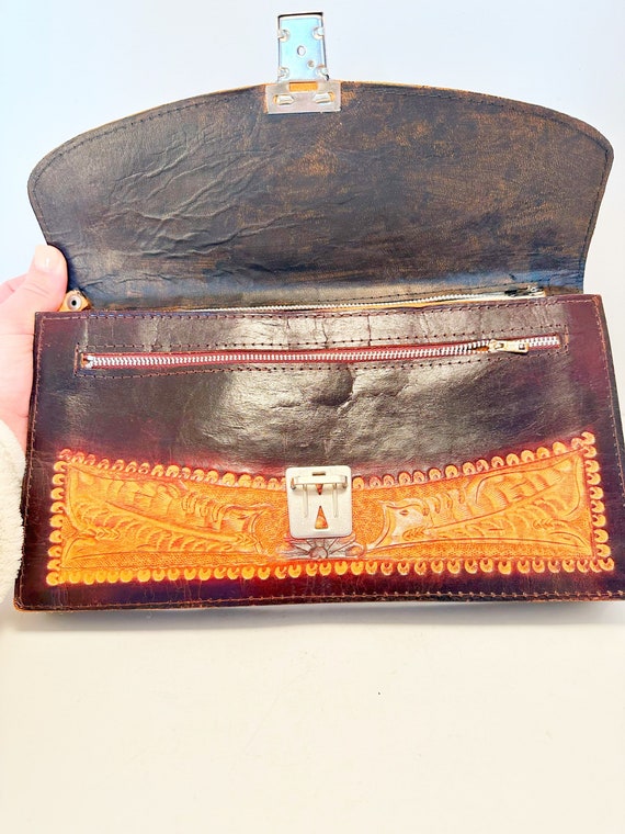 Vintage handmade tooled leather clutch purse made… - image 5