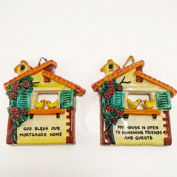 Vintage pottery wall plaques of charming cottages features little birds on the windowsill made in Italy