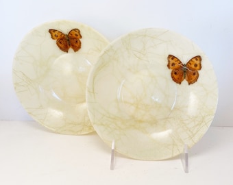 Pair of two vintage yellow fiberglass bowls with butterflies and gold tinsel details