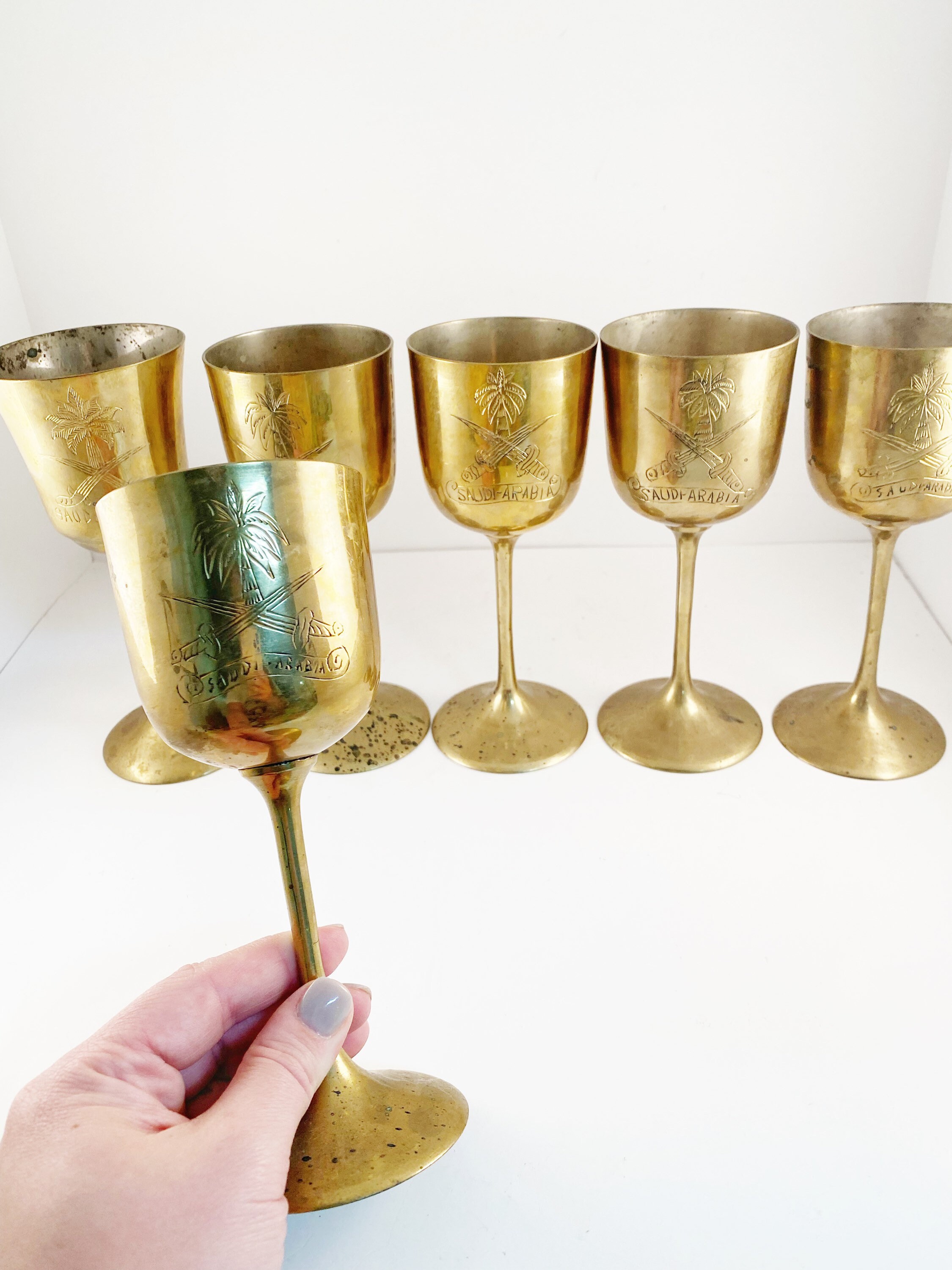 Set of Six Vintage Saudi Arabian Etched Brass Wine Glasses/ Goblets 
