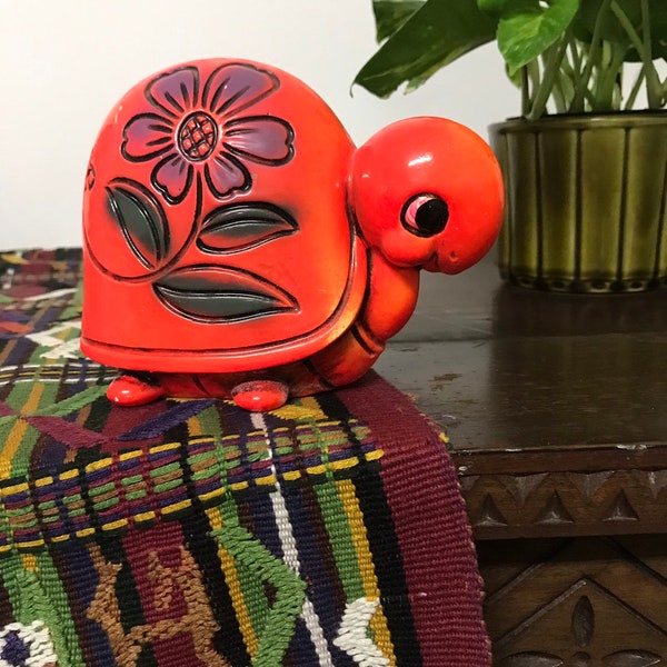 Psychadelic neon orange/pink vintage turtle piggy bank from the 1970s