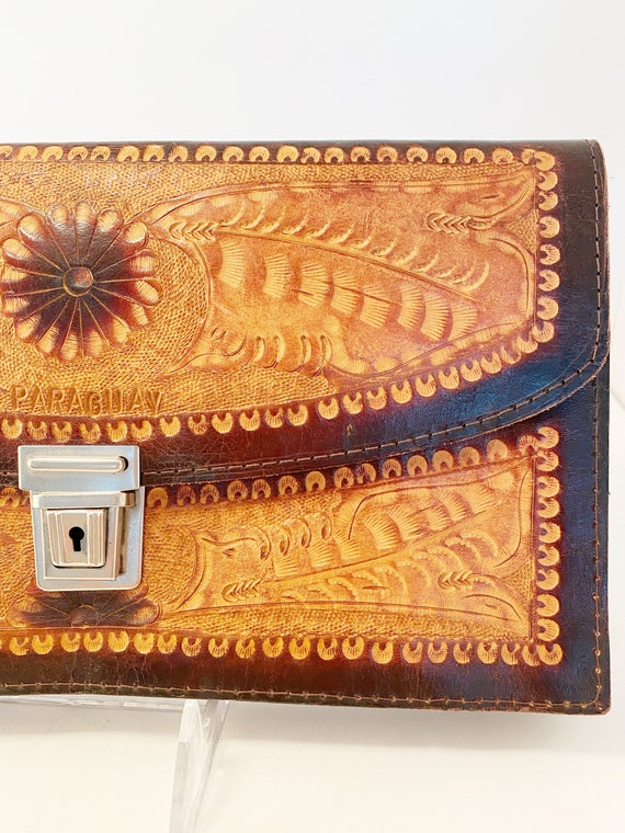 Vintage handmade tooled leather clutch purse made… - image 4