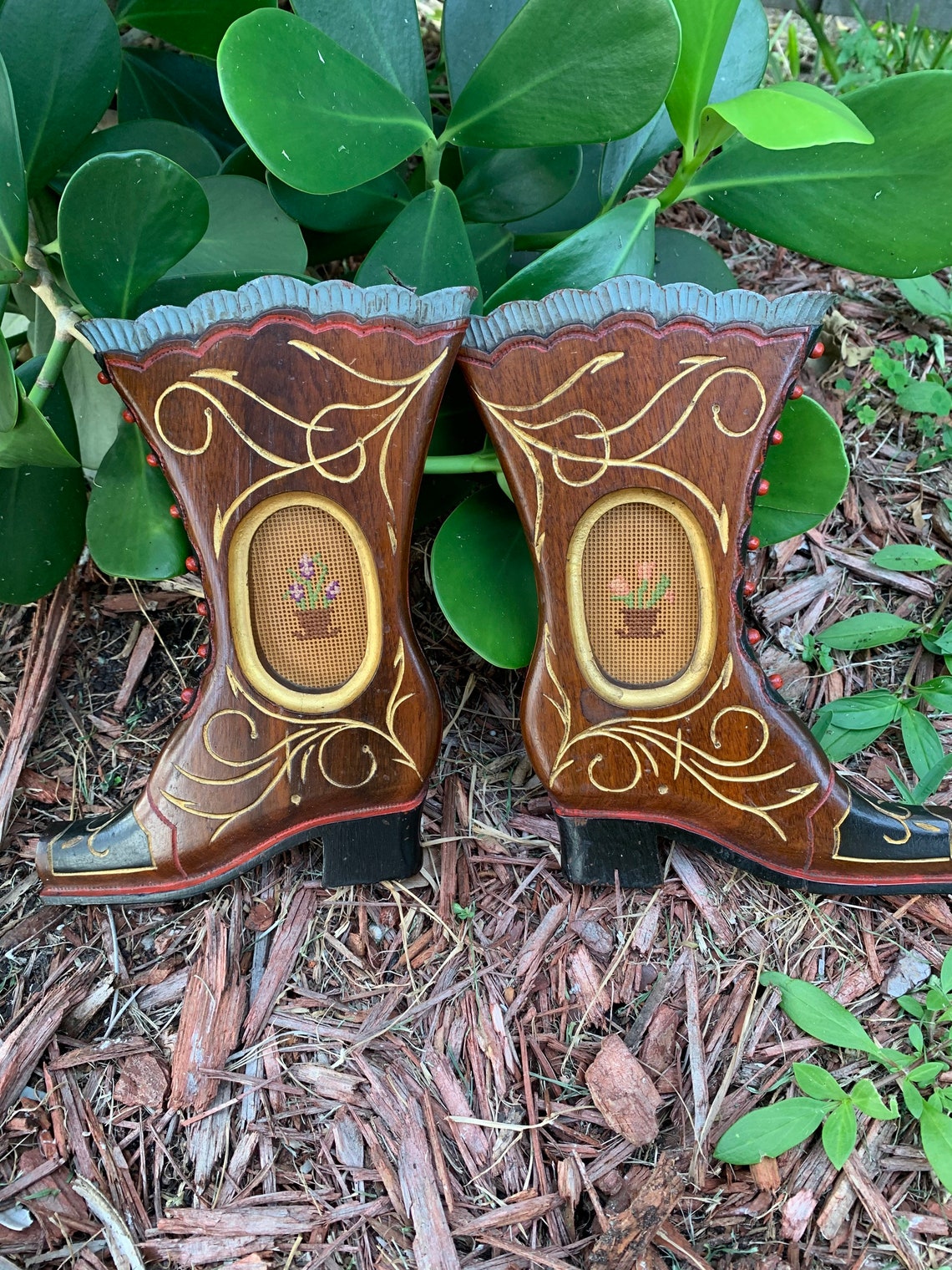 Vintage wooden Victorian boot frames with floral cross stitch Etsy