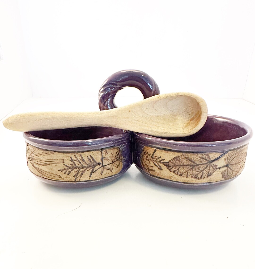 Vintage Handmade Purple Pottery Dip Bowl With Impressions of Leaves and