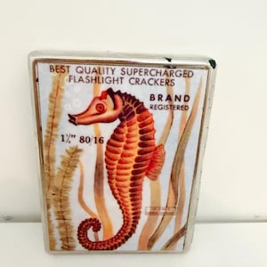 Vintage metal cigarette case and/or wallet featuring vintage advertising with seahorse and alligator luthographs from flashlight crackers
