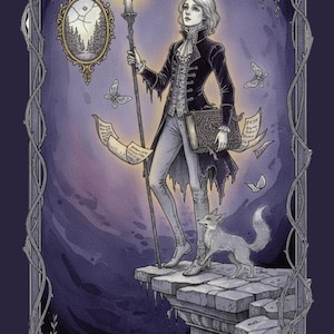 May include: A tarot card illustration titled THE FOOL featuring a person in a dark coat holding a lit candle staff and a book, accompanied by a small fox on a stone ledge. A cracked oval mirror hangs in the background with floating papers and butterflies.