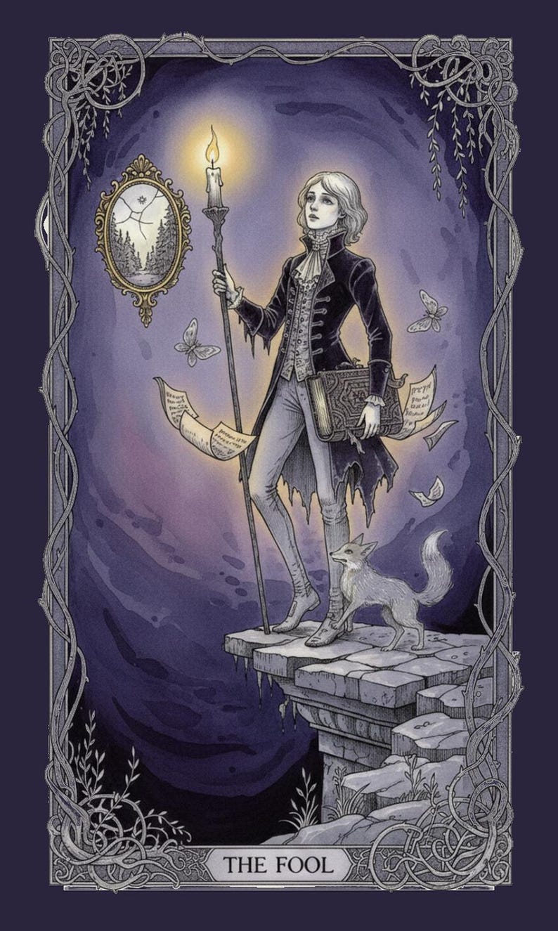May include: A tarot card illustration titled THE FOOL featuring a person in a dark coat holding a lit candle staff and a book, accompanied by a small fox on a stone ledge. A cracked oval mirror hangs in the background with floating papers and butterflies.