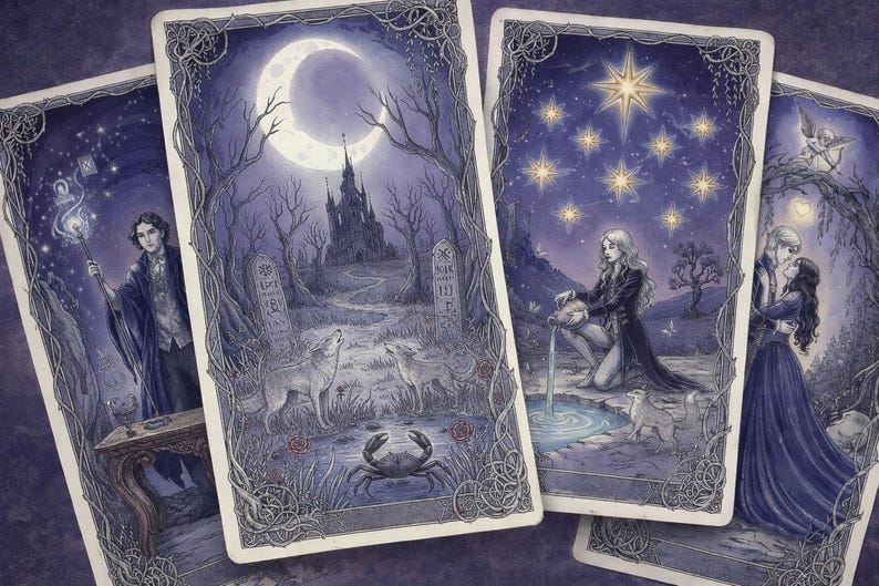 May include: Four rectangular tarot cards featuring intricate purple and blue illustrations. The cards depict a figure with a staff, a moonlit landscape with wolves and a crab, a kneeling figure pouring water under stars, and a couple embracing in a forest.