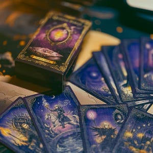 May include: A tarot deck featuring a dark purple box with gold ornate borders and the text Tarot Deck. Several cards are fanned out, displaying intricate illustrations of figures, horses, and glowing lanterns in shades of deep blue and purple.