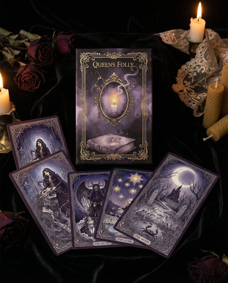 May include: A deck of Queens Folly tarot cards featuring a purple box with a candle illustration and gold filigree borders. The cards display intricate dark fantasy artwork, including The Devil, The Star, and The Moon, with ornate gold frames.