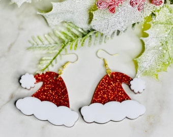 Red and white Santa hat glitter Acrylic dangle earrings