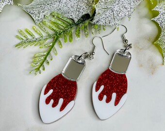 Red and white snow tip Christmas light glitter and mirror Acrylic dangle earrings
