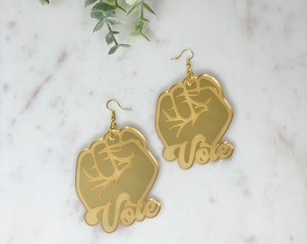 Over sized Gold Mirror Acrylic Vote Fist earrings