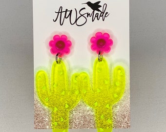 Neon green and pink Cactus Acrylic earrings