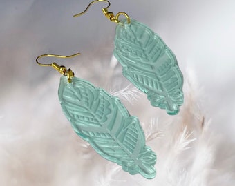 Green glass acrylic boho feather dangle earrings with gold hardware