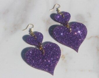 Lavender double heart dangle earrings