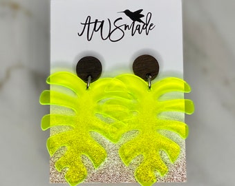 Neon green Leaf Acrylic earrings