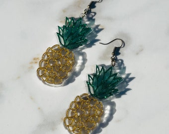 Glitter pineapple dangle earrings with bronze hardware