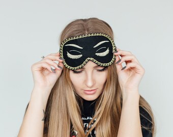 Black Audrey Hepburn Sleep Mask Breakfast at Tiffanys Eye Mask Holly Golightly Mask Handmade Night Mask with Embroidery Eyelashes Mask m9