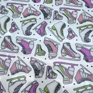 May include: A pattern of ice skates in various colors, including white, pink, green, and purple, on a white background. The skates are depicted in a cartoon style, with details like laces and blades. The design is repeated across the surface.