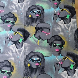 May include: Textile featuring a repeating pattern of stylized figures wearing sunglasses and smoking. The figures are in shades of grey, with colourful sunglasses, earrings, and lipstick. The background is a muted grey.
