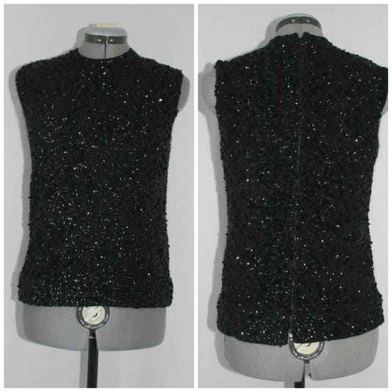 Vintage 60s black sequins top women, 60s sequins t