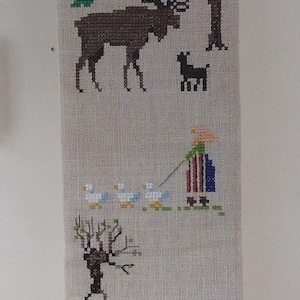 以下が含まれることがあります： 木製の上下が付いた、長方形の刺繍された壁掛け。青い制服を着た人、飛んでいるガチョウ、赤い城、ヘラジカなど、さまざまなシーンがデザインされています。さまざまな色でシーンがステッチされています。